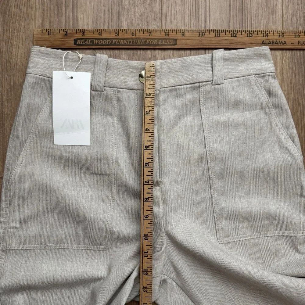 NWT Zara High Rise Wide Leg Straight Pants Women’s M Beige Cotton Blend Pockets